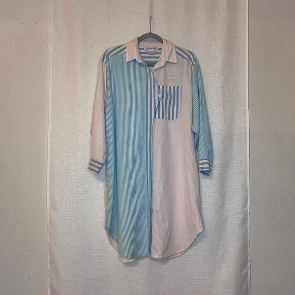 90's Vintage Tower Club Women's Striped Button Up Long Sleeve Shirt Dress Medium - Picture 4 of 5